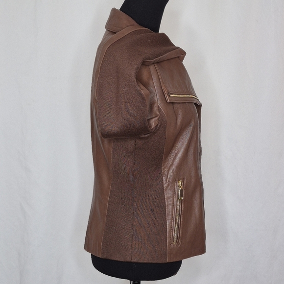 Tahari Women's Brown Lambskin Leather and Knit Zip-Front Cropped Jacket - Size M - Picture 7 of 13